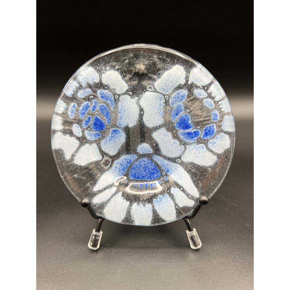 Sydenstricker Fused Glass Blue Flower Floral 4” Round Trinket Dish Signed